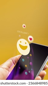 Customer Experiences Concept. Happy Client Using Smartphone to Submit Positive Review for Online Satisfaction Surveys. Positive Feedback via Mobile Phone