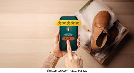 Customer Experiences Concepts. Happy Customer Unbox And Review Her Satisfaction Via Online Shopping Survey Application. Positive Feedback On Mobile Phone