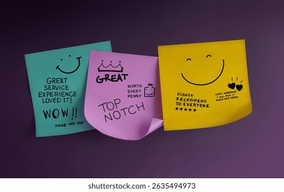 Customer feedback notes with smiley faces and handwritten compliments reflect positive reviews and satisfaction in service experience