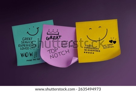 Customer feedback notes with smiley faces and handwritten compliments reflect positive reviews and satisfaction in service experience