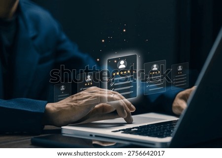Customer feedback and rating concept with digital interface showing review stars, representing service quality evaluation, user experience, satisfaction score and online reputation management.