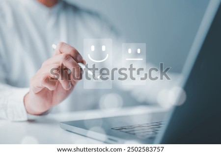 Customer feedback satisfaction concept. User ratings service experience by online survey application, client choose service quality, ultimately contributing to increase business reputation ranking.