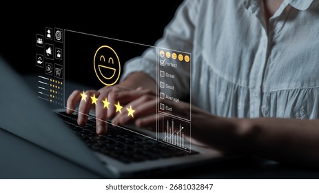 Customer feedback and satisfaction rating system showing star review, happy face, performance score, and service evaluation to improve customer experience Latch