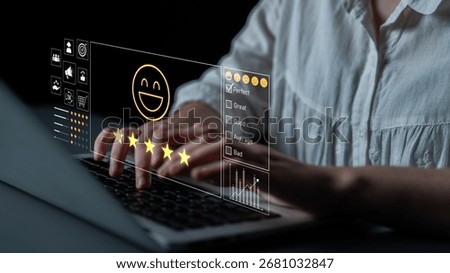Customer feedback and satisfaction rating system showing star review, happy face, performance score, and service evaluation to improve customer experience Latch