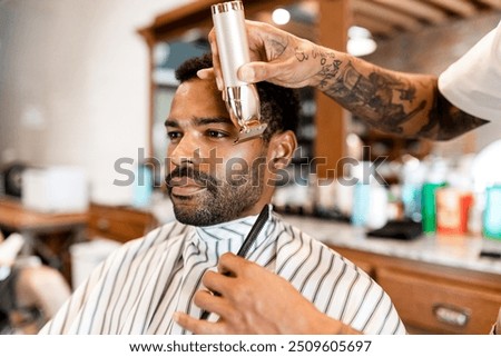 Customer getting a beard trim in a barber shop, small business