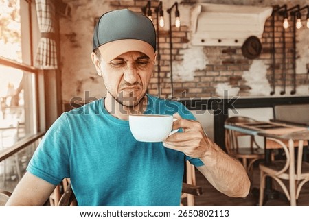 Customer grimacing while tasting a bad coffee in a cafe, expressing disgust over poor service and unpleasant beverage quality