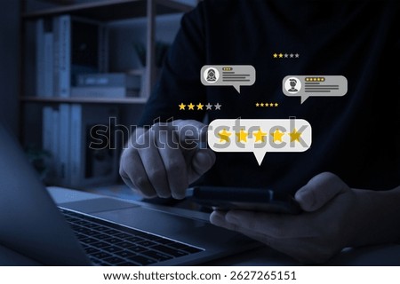 customer hand choosing five star button to review good rating for hotel and restaurant on mobile phone, satisfaction, customer review, digital marketing, good experience, product review concept