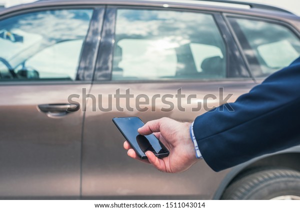 Customer Hand Holding Mobile Phone Opening Stock Photo Edit Now