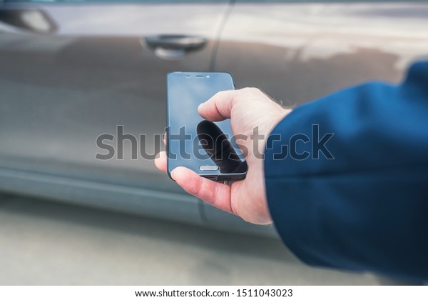 Customer Hand Holding Mobile Phone Opening People Stock Image