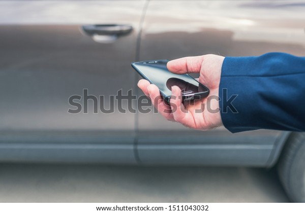 Customer Hand Holding Mobile Phone Opening Stock Photo Edit Now