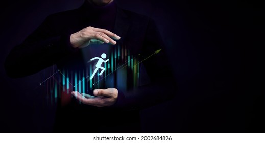 Customer Journey, Business Success Concept. Hand Gesture Supporting Customer,Shareholder, Partnership Or Employee Jumping Forward To Reach A Goal, Strategic Graph As Background