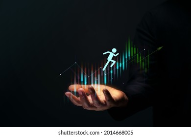 Customer Journey, Business Success Concept. Hand Gesture Supporting Customer,Shareholder, Partnership Or Employee Jumping Forward To Reach A Goal, Strategic Graph As Background