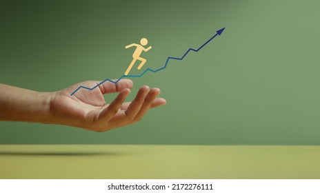 Customer Journey, Business Success Concept. Hand Gesture Supporting Client, Shareholder, Partnership or Employee Jumping Forward on Arrow Up from Low to High - Shutterstock ID 2172276111