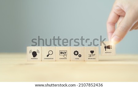 Customer journey concept. Customer behavior anlysis for business and marketing plan for target customer. Hand holds the wooden cube with customer journey process icon on grey background and copy space