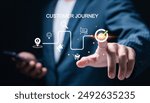 Customer journey concept. journey evaluation, Boost satisfaction, encourage repeat business and drive revenue growth. Businessman touching customer journey icon on virtual screen.