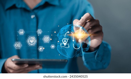 Customer journey concept. journey evaluation, Boost satisfaction, encourage repeat business and drive revenue growth. Person touching globe with customer journey icon on virtual screen.