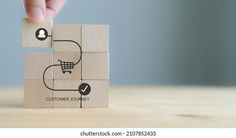 Customer journey concept on wooden cubes on grey background. Business and social media marketing,  content marketing, purchase, storytelling, seo, awareness, advertise, online marketing and promotion. - Shutterstock ID 2107852433
