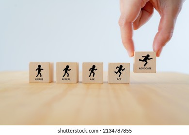 Customer Journey Path Concept. Customer Awareness, Appeal, Ask, Act, Advocate. Marketing Planning And Strategies For Shopping Process. Hand Holds Wooden Cubes With Customer Path Icons.