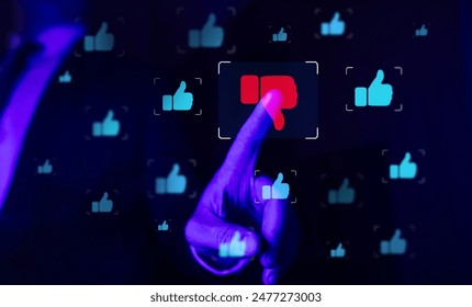 Customer negative review. Dissatisfied graph showing negative sign, dislike with thumbs down. Bad reputation management.Negative product comment.
