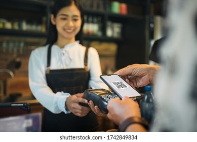 Customer Paying With Qr Code On Smartphone Screen NFC Payment Technology At Coffee Shop.