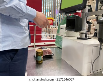 Customer Pays His Purchase At The Supermarket,self Checkout Systems In  Retail Stores,Barcode Scanner,Self Checkout Machine