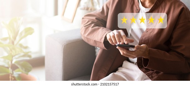 Customer Pressing On Smartphone With Five Stars Icon For Feedback Review Satisfaction Service