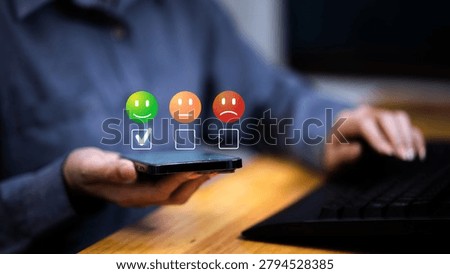 Customer providing feedback through a smartphone satisfaction survey. Concept of customer experience, online reviews, service quality measurement, user feedback, customer engagement, and business performance evaluation.