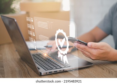 Customer rating to service experience and Warranty for parcel delivery online application ,A man checking the satisfaction of the customers with the parcel delivery service in smartphone in office