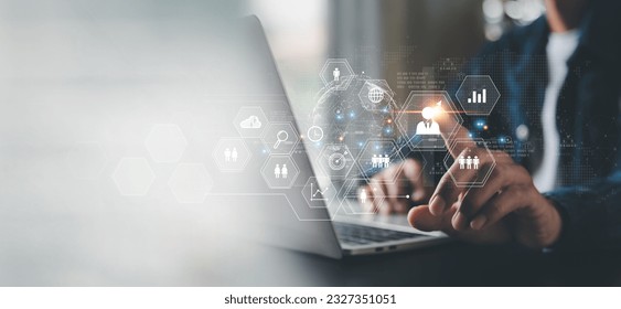 Customer Relationship Management ,Businessman hold of global structure , Data exchanges development. customer service, social media, digital marketing online - Powered by Shutterstock