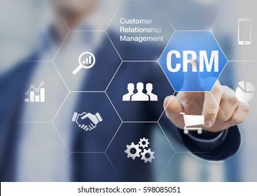 Customer relationship management concept with businessman touching button in background, communication, marketing and sales processes automation