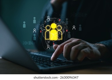 Customer relationship management concept with global connection icons on digital interface. Businessman using CRM software to manage client data, communication, and engagement worldwide.