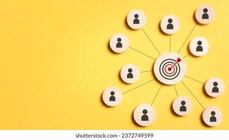 Customer relationship management concept. wooden block with target icon linked with human icons for customer focus group. Data exchanges development and customer service. - Shutterstock ID 2372749599