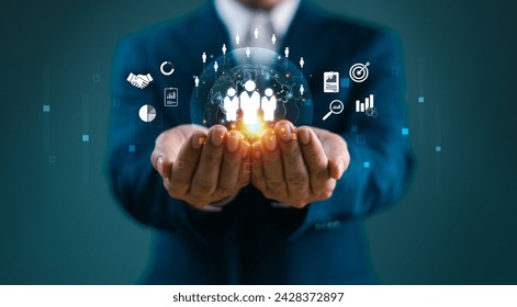 Customer Relationship Management CRM. Businessman hand, global network client service. Cloud automation Ai technology. Business big data partner solution development. Hr, human resources concept 