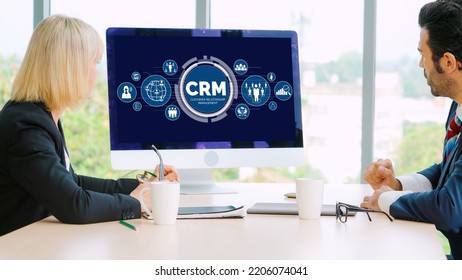 Customer relationship management system on modish computer for CRM business and enterprise - Shutterstock ID 2206074041