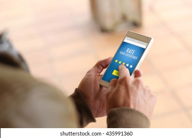 Customer Review Concept: Hands Male With Smartphone App Rating With Three Stars On The Screen. All Graphics On The Screen Are Made Up.