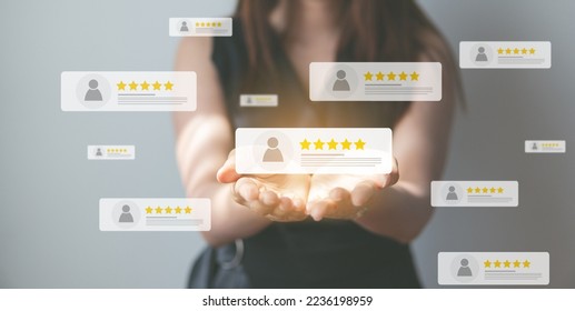 Customer review good rating concept, hand pressing user and five star icon on visual screen for positive customer feedback, testimonial and testimony, user comment and feedback for review. - Shutterstock ID 2236198959