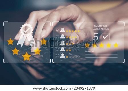 Customer review good rating concept, hand pressing keyboard and popup five star icon on visual screen for positive customer feedback, testimonial and testimony, user comment and feedback for review.