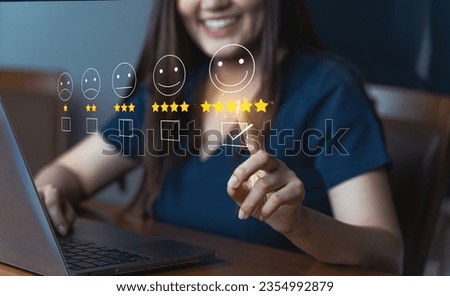 Customer review good rating concept, hand pressing smile face and five star icon on visual screen for positive customer feedback, testimonial and testimony, user comment and feedback for review.