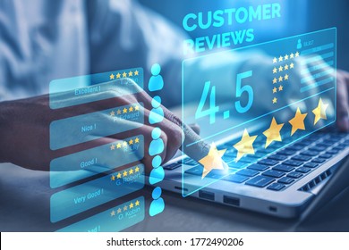Customer review satisfaction feedback survey concept. User give rating to service experience on online application. Customer can evaluate quality of service leading to reputation ranking of business. - Shutterstock ID 1772490206