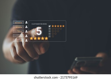 Customer review satisfaction feedback survey concept, User give good rating by five star to service experience on online application, Customer service evaluation to reputation ranking of business. - Shutterstock ID 2173795169