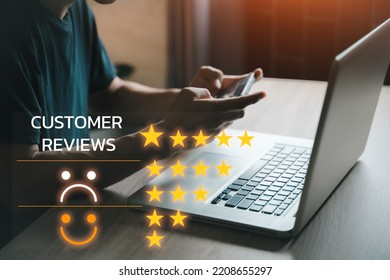 Customer Reviews Satisfaction Feedback Survey Concept, User Use The Cell Phone Give Rating To Customer Service, Customer Can Evaluate Quality Vote Ranking Of Business.