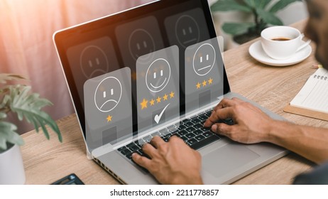 Customer Reviews Satisfaction Feedback Survey Concept, User Use The Cell Phone Give Rating To Customer Service, Customer Can Evaluate Quality Vote Ranking Of Business.