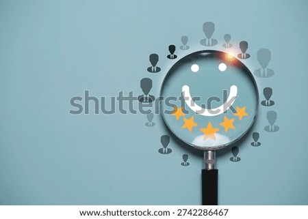 Customer satisfaction analysis concept with five star rating under magnifying glass. Reputation monitoring, client experience evaluation and service quality management for business growth.