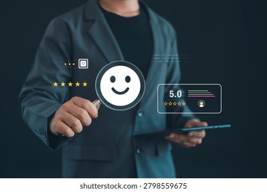 Customer satisfaction analysis with five star rating and positive feedback review. User experience evaluation, service quality measurement, reputation management and client loyalty concept.