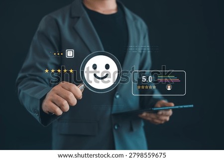 Customer satisfaction analysis with five star rating and positive feedback review. User experience evaluation, service quality measurement, reputation management and client loyalty concept.