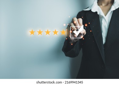 Customer satisfaction assessment rating 5 stars online, User has received excellent service, Review the highest rated service, the best attention, impressed very good service, feedback from guest - Shutterstock ID 2169941345