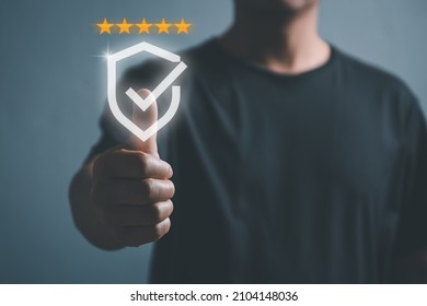Customer Satisfaction Certificate Guarantee, Privacy Shield Service Concept. Quality Certification Satisfaction for Business Digital Application. Certificate Privacy Shield for Online Safety Protect. - Shutterstock ID 2104148036