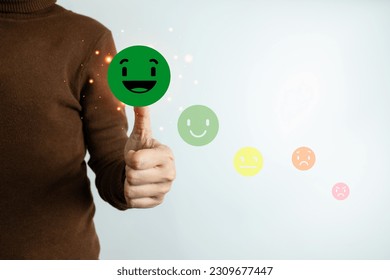Customer satisfaction concept, client is satisfied with pressing the smiley face icon, excellent service, impressed with care, highest rating and score, good feedback from users.