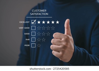 Customer satisfaction concept with five star rating and thumbs up gesture. Business service quality review, positive feedback, trust, user experience performance evaluation for marketing and branding.