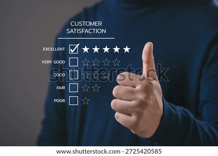 Customer satisfaction concept with five star rating and thumbs up gesture. Business service quality review, positive feedback, trust, user experience performance evaluation for marketing and branding.